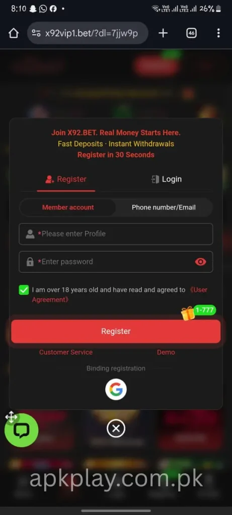 X92 Bet game register